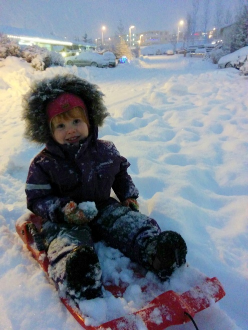 Emma on her sled as I pulled her home from daycare that afternoon.