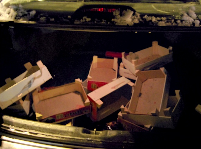 In a fit of insanity, I decided it was high time to make a trip to the recycling center, before somebody actually set fire to the stack of fifteen clementine boxes in the garage!  The insane part was that we were invited to dinner, and uh, I made us late.